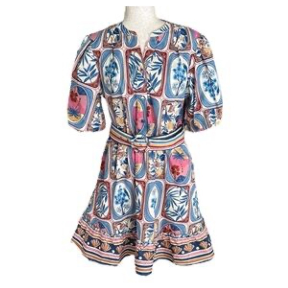 Joie Patterned Palm Tree Parrot Cotton Pink Blue Dress sz M/10